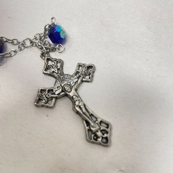 Vintage Aurora Borealis Beaded Rosary Necklace Blue Glass Long Christianity - Picture 12 of 14